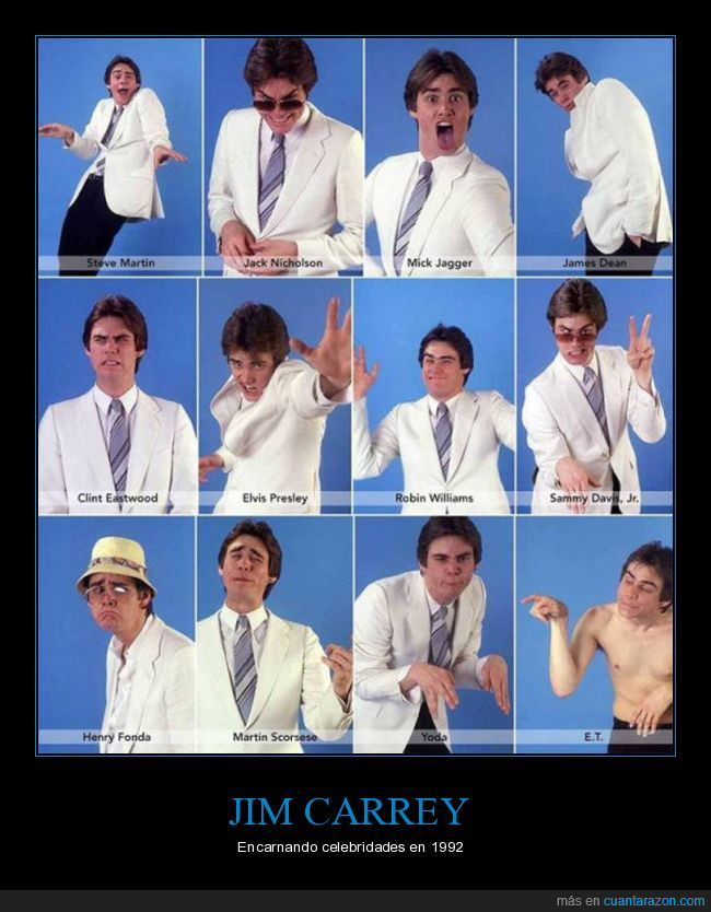talento,Jim Carrey,1992,celebridades,Steve Martin,Jack Nicholson,Mick Jagger,James Dean,Clint Eastwood,Elvis Presley,Robin Williams,Sammy Davis Jr.,Henry Fonda,Martin Scorsese,Yoda,E.T.